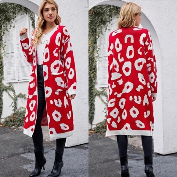 Oversized red white pocket long knit cardigan fall - Picture 2 of 2
